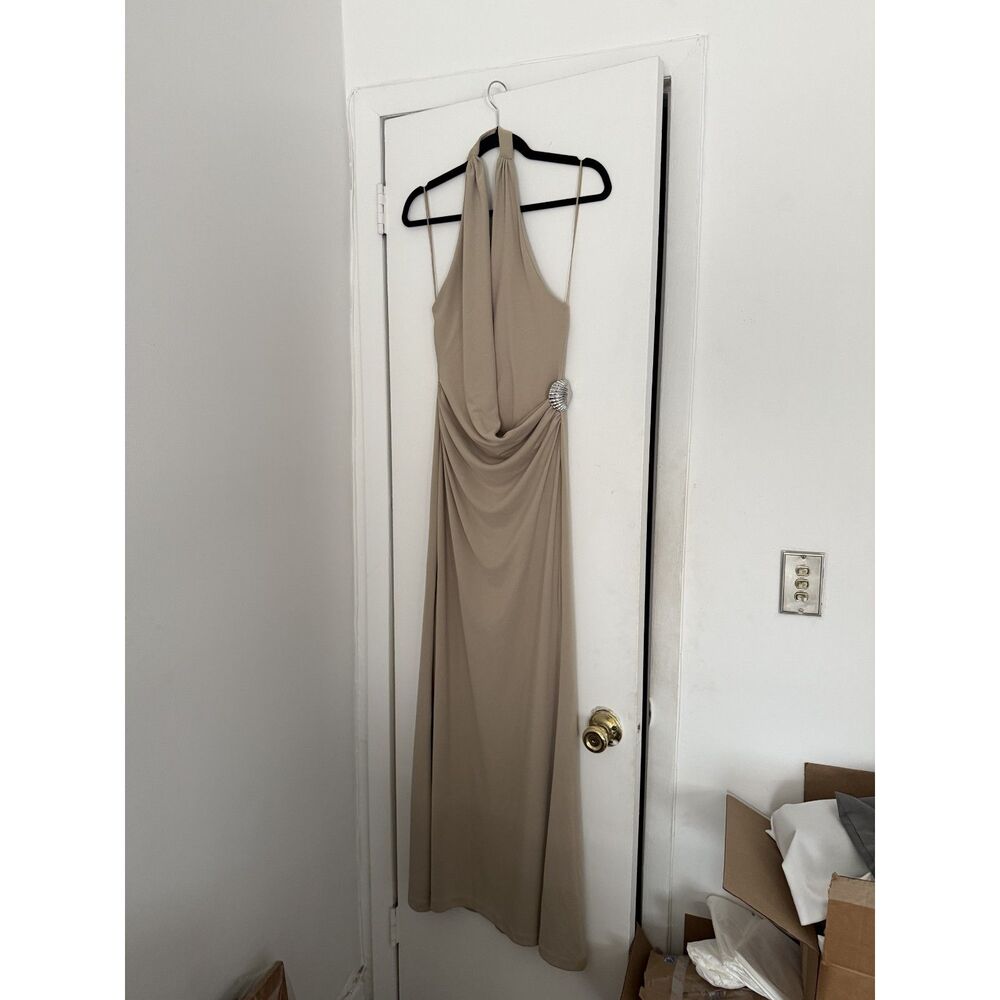 Zara Seashell Halter Maxi Dress Taupe Open Back NWT Size S